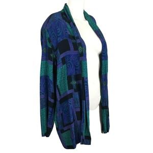 Risa Kimono Cardi Womens Sz S M Purple Green Pattern‎ Plaid Padded Shoulder Open